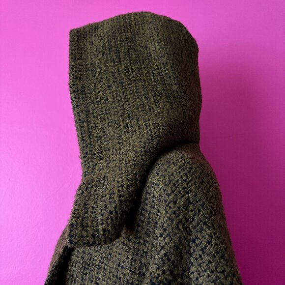 ASOS 8 Coat Olive Green Hooded Wool Blend Chunky Woven Boucle Tweed Outerwear - Picture 10 of 15